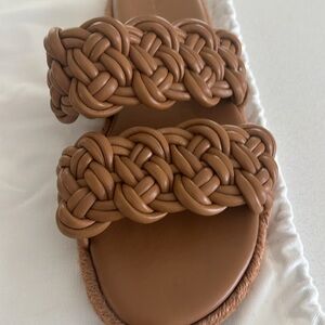Vince Slide Sandal Brown Wide Braid Straps Flat Espadrille Size 8.5